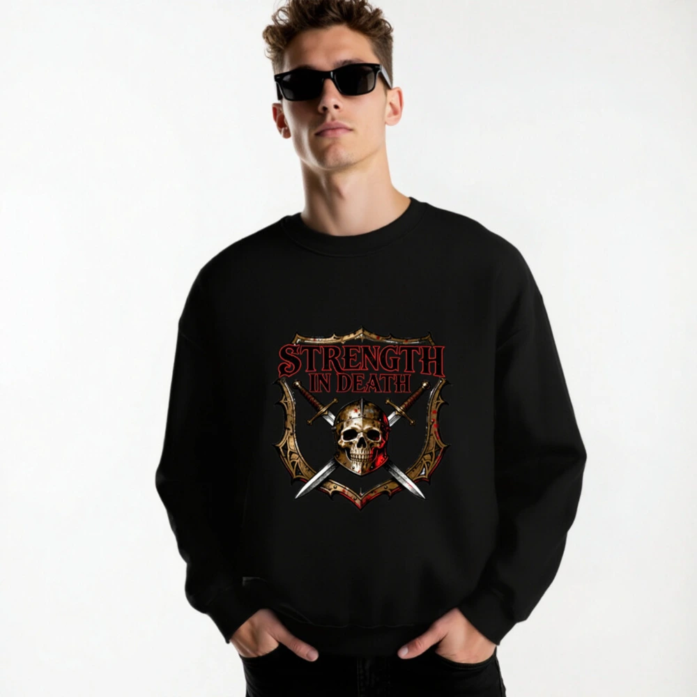 Unisex Crew Neck Sweatshirt - Strength in Death Skull & Swords Graphic - Image 3