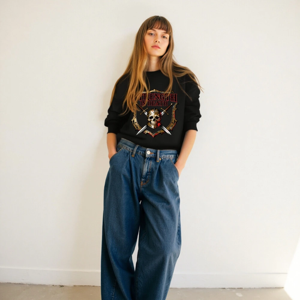 Unisex Crew Neck Sweatshirt - Strength in Death Skull & Swords Graphic - Image 5