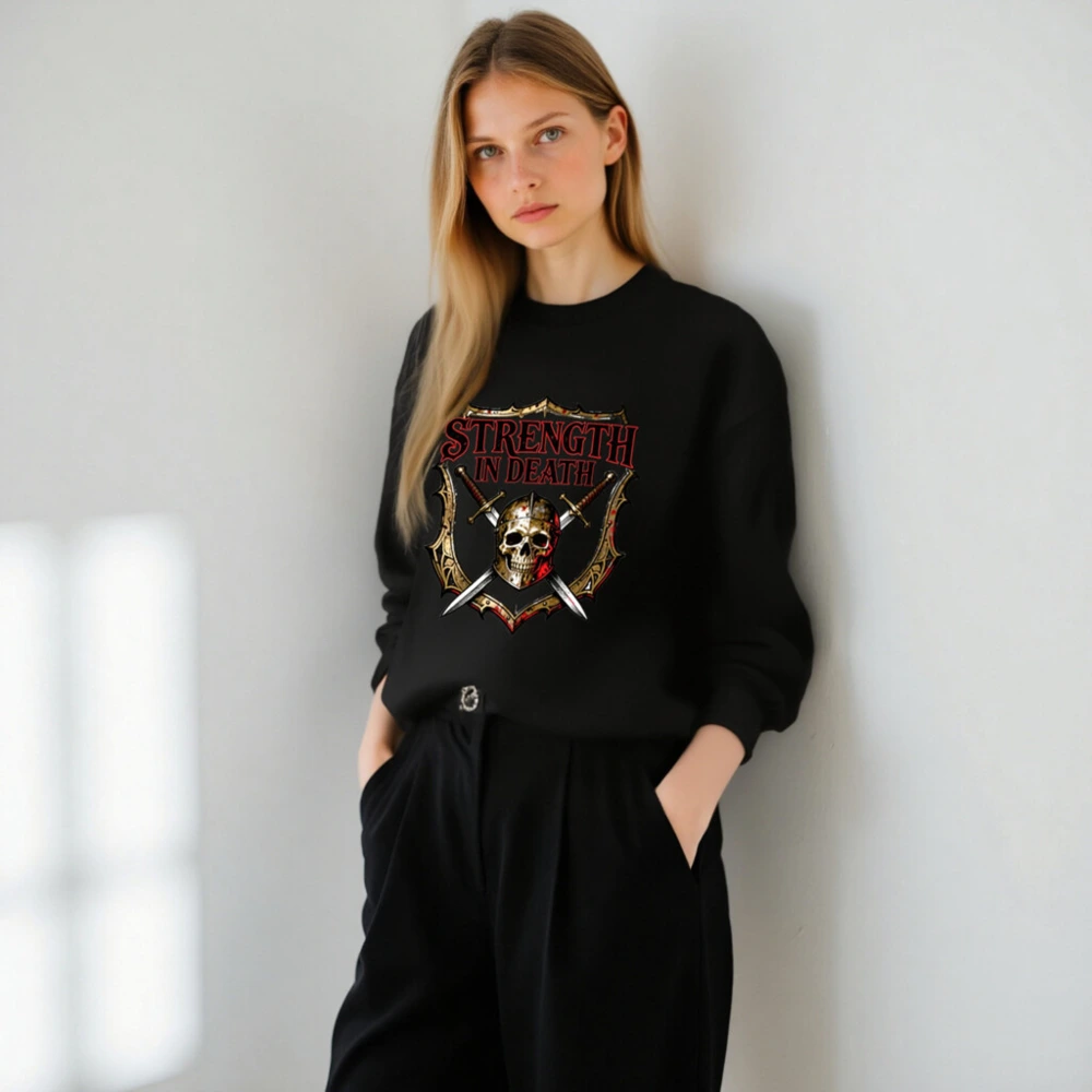 Unisex Crew Neck Sweatshirt - Strength in Death Skull & Swords Graphic - Image 6