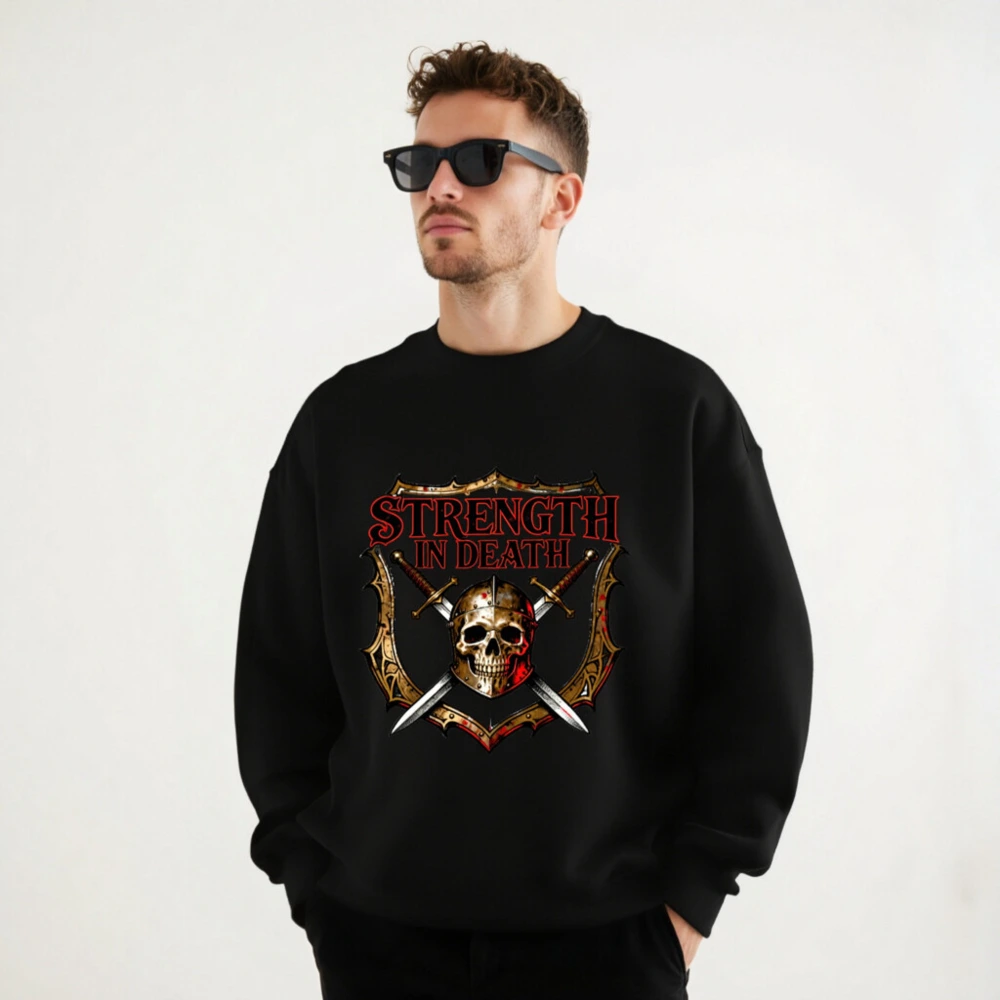 Unisex Crew Neck Sweatshirt - Strength in Death Skull & Swords Graphic - Image 7
