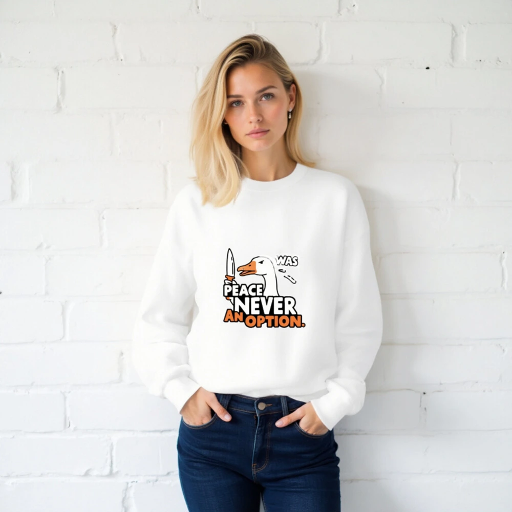 Unisex Crew Neck Sweatshirt: Peace Never Was an Option - Duck with Knife Graphic - Image 2