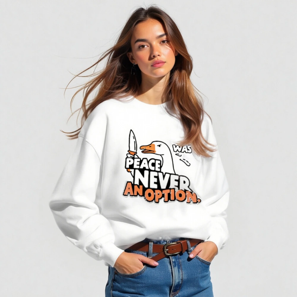 Unisex Crew Neck Sweatshirt: Peace Never Was an Option - Duck with Knife Graphic - Image 3