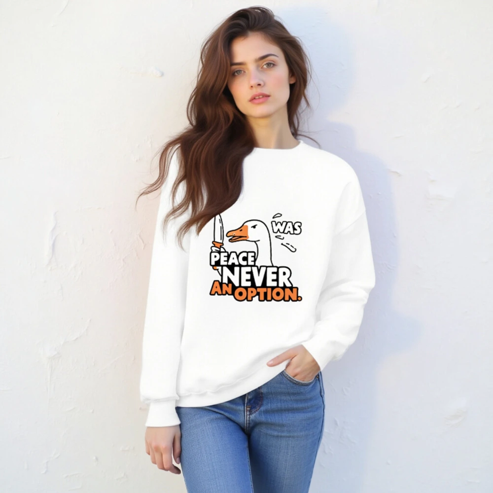Unisex Crew Neck Sweatshirt: Peace Never Was an Option - Duck with Knife Graphic - Image 4