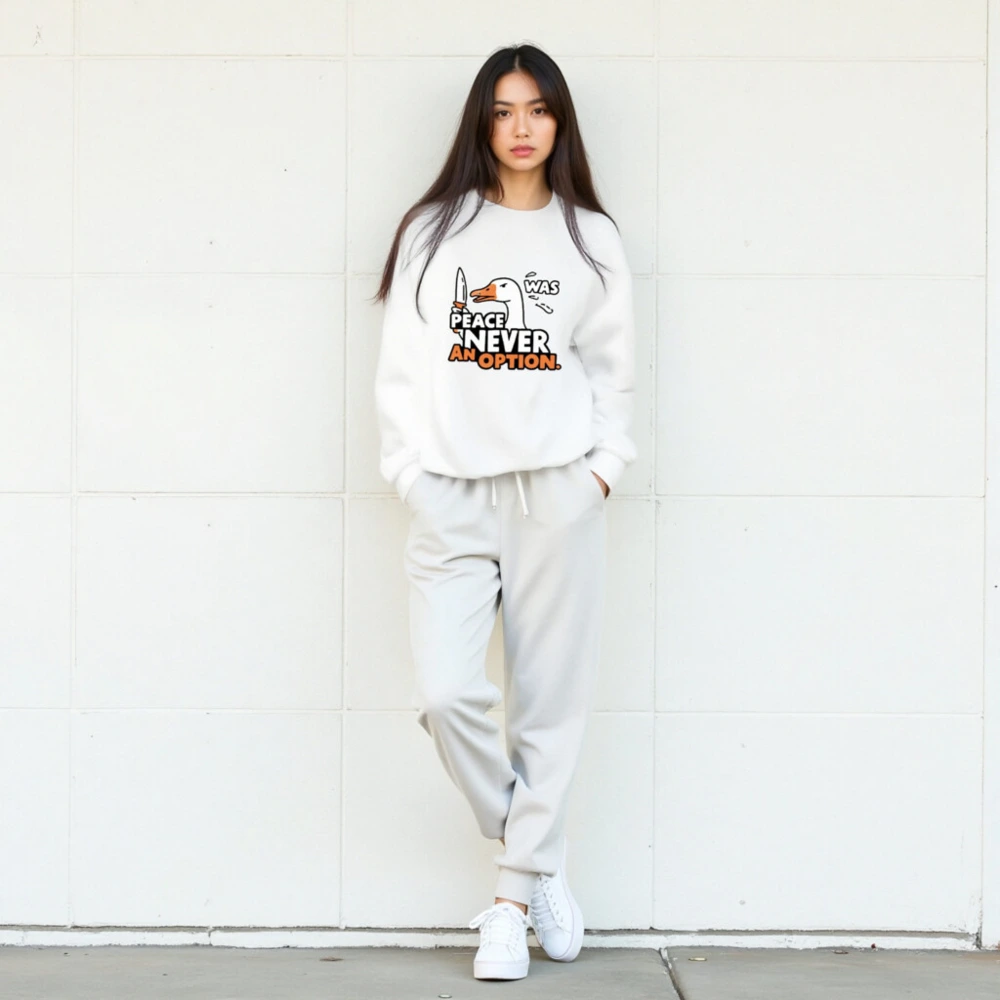 Unisex Crew Neck Sweatshirt: Peace Never Was an Option - Duck with Knife Graphic - Image 5