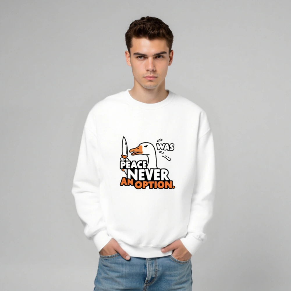 Unisex Crew Neck Sweatshirt: Peace Never Was an Option - Duck with Knife Graphic - Image 6