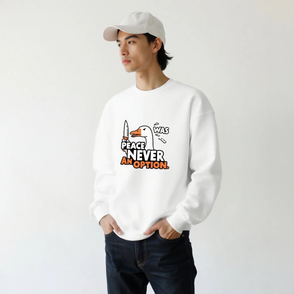 Unisex Crew Neck Sweatshirt: Peace Never Was an Option - Duck with Knife Graphic - Image 7