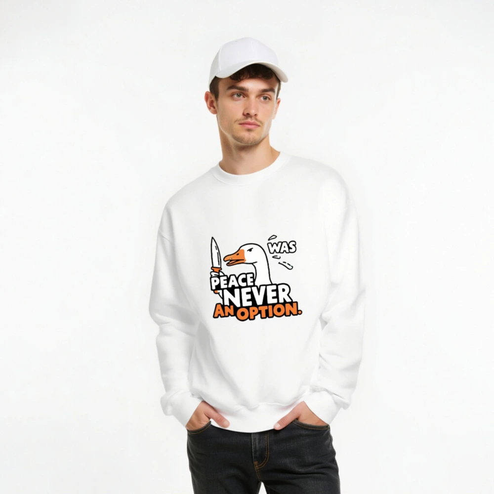 Unisex Crew Neck Sweatshirt: Peace Never Was an Option - Duck with Knife Graphic - Image 8