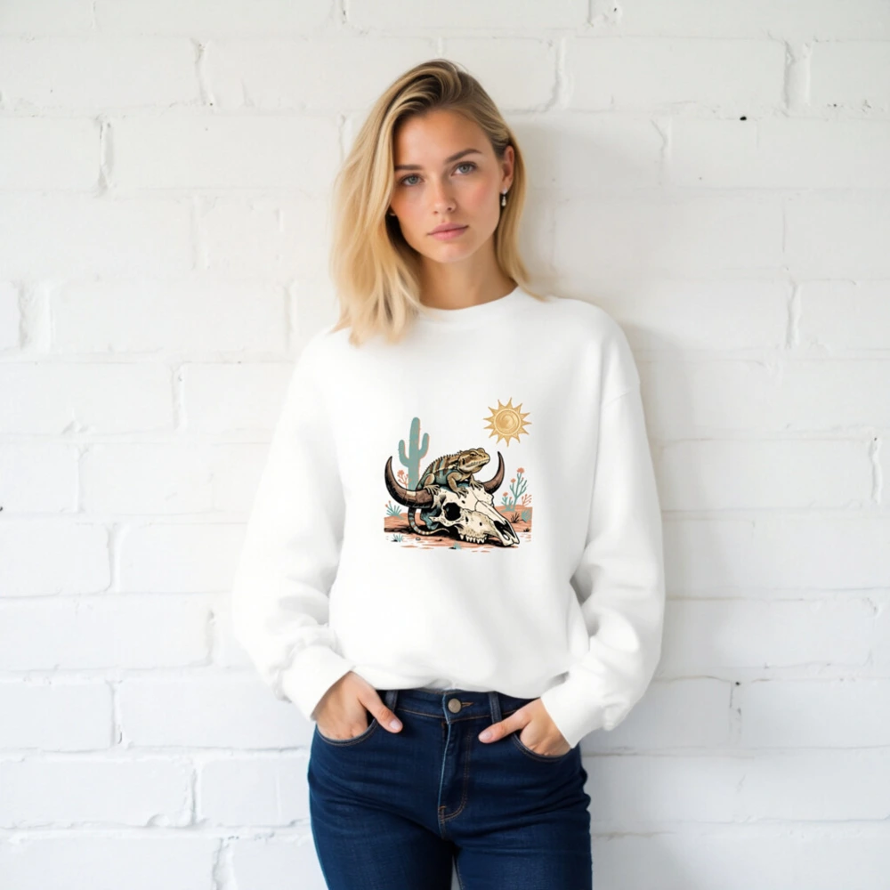 Desert Lizard on Bull Skull Unisex Sweatshirt - Soft Crew Neck - Image 2