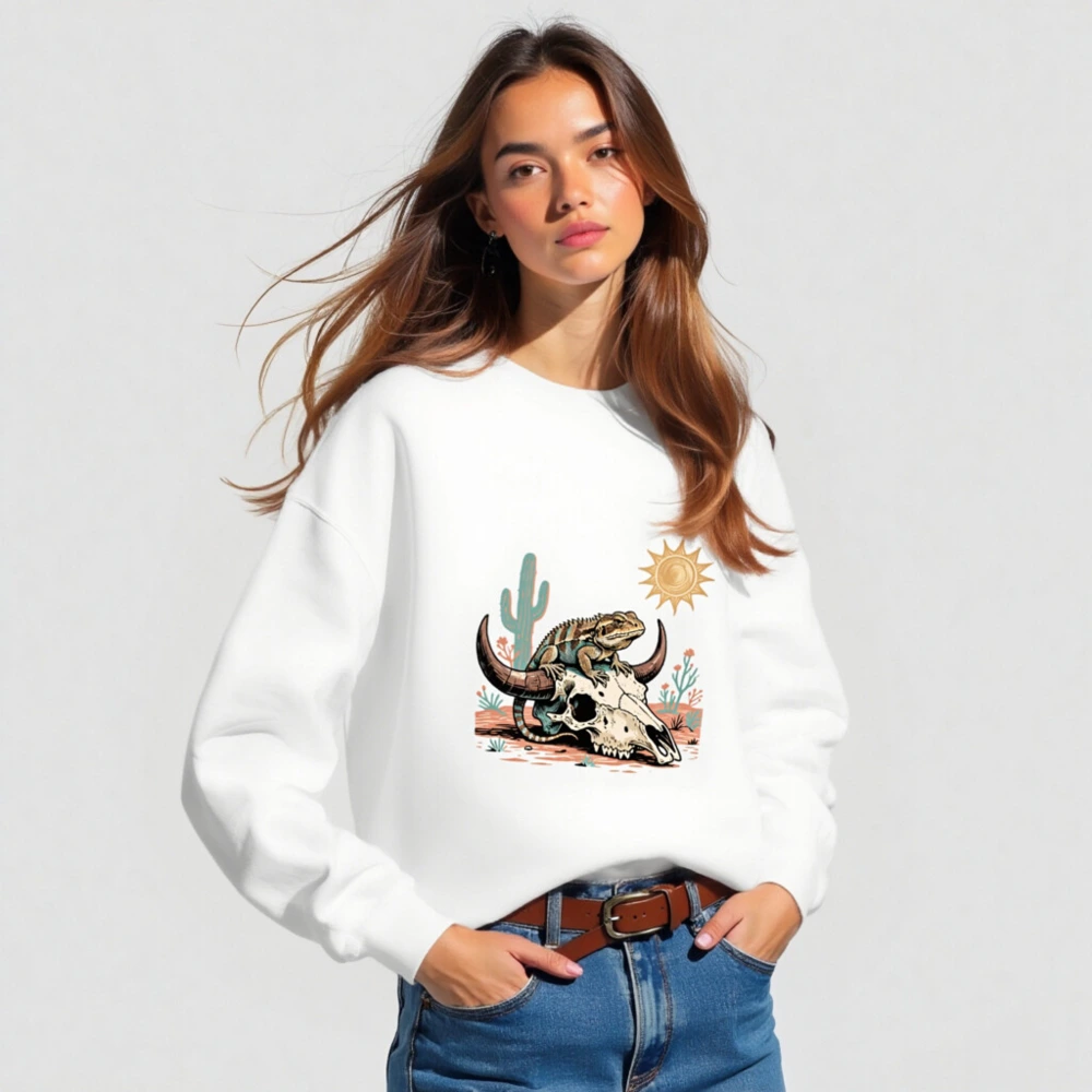 Desert Lizard on Bull Skull Unisex Sweatshirt - Soft Crew Neck - Image 3