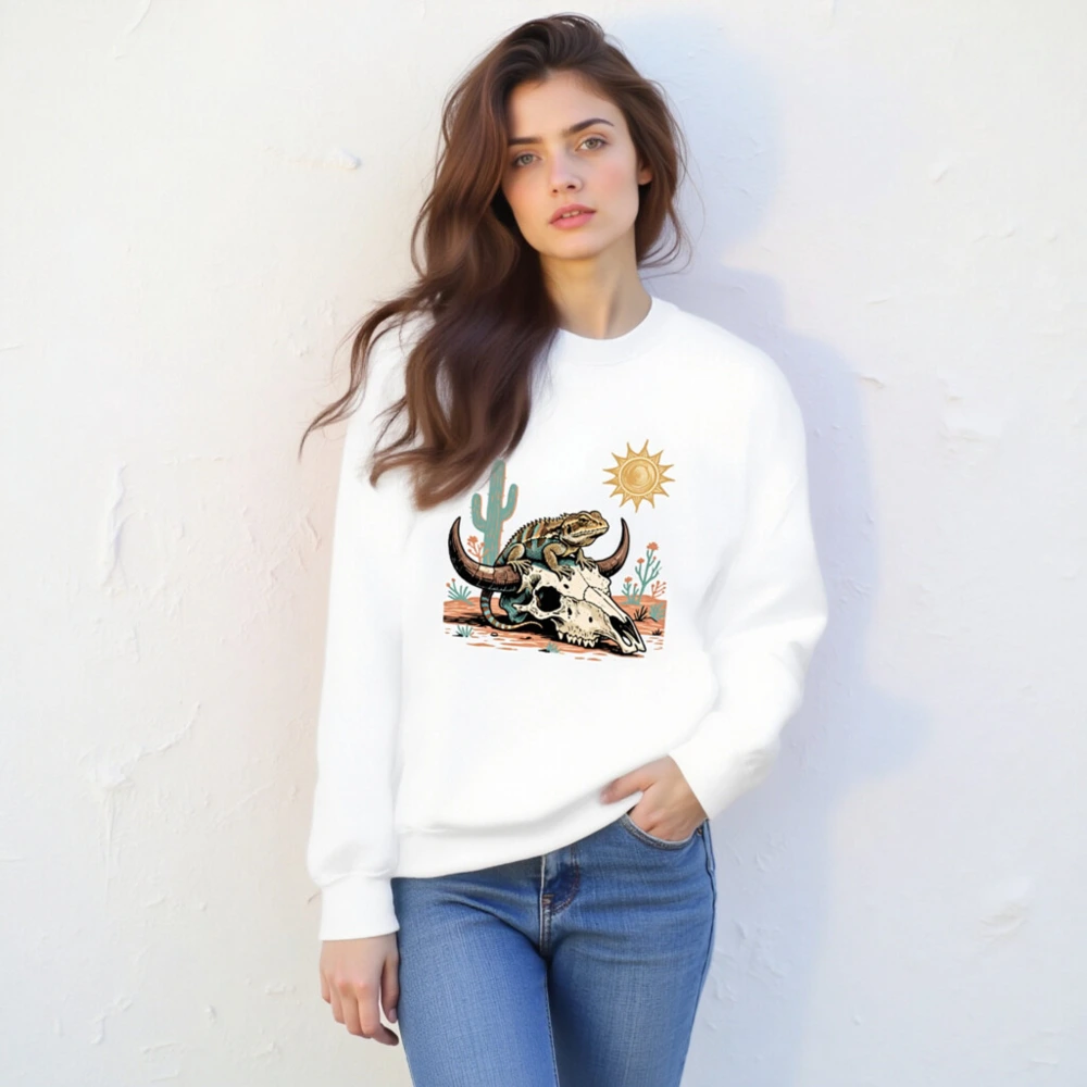 Desert Lizard on Bull Skull Unisex Sweatshirt - Soft Crew Neck - Image 4