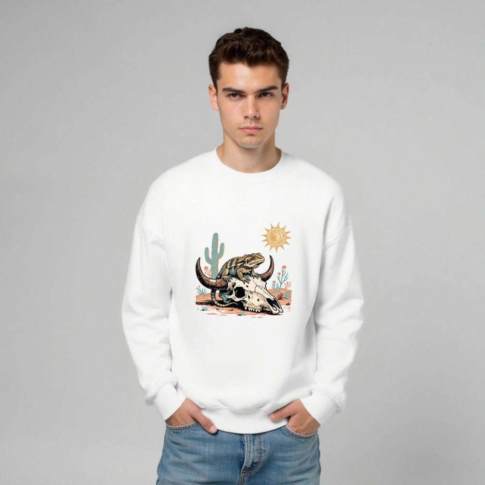 Desert Lizard on Bull Skull Unisex Sweatshirt - Soft Crew Neck - Image 6