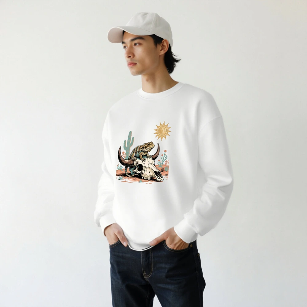Desert Lizard on Bull Skull Unisex Sweatshirt - Soft Crew Neck - Image 7