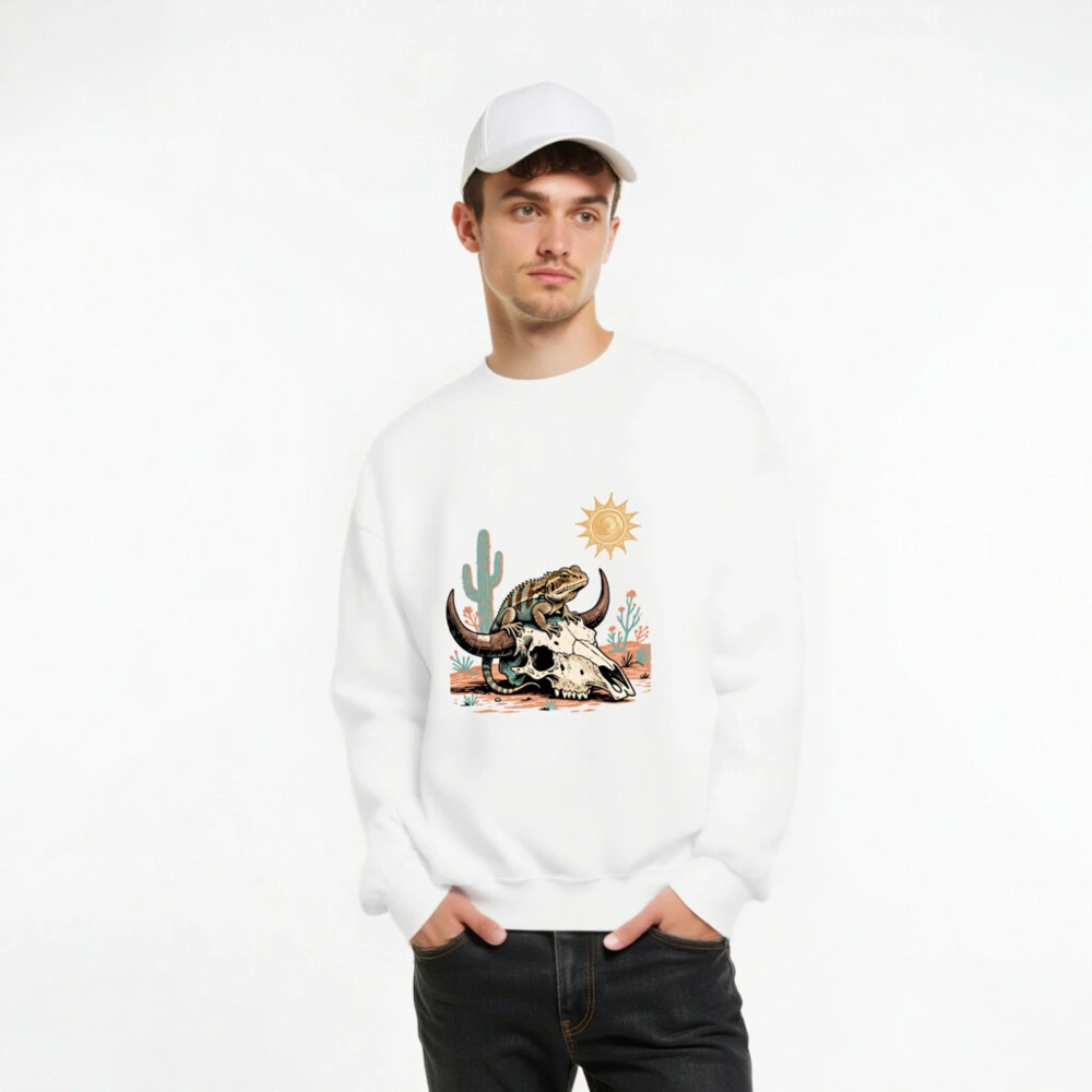 Desert Lizard on Bull Skull Unisex Sweatshirt - Soft Crew Neck - Image 8