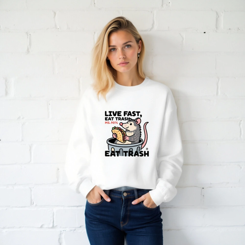 Unisex Crew Neck Sweatshirt | Live Fast, Eat Trash - Opossum Taco Design - Image 2