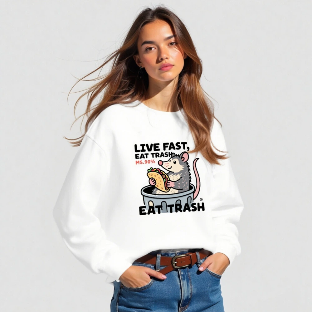 Unisex Crew Neck Sweatshirt | Live Fast, Eat Trash - Opossum Taco Design - Image 3