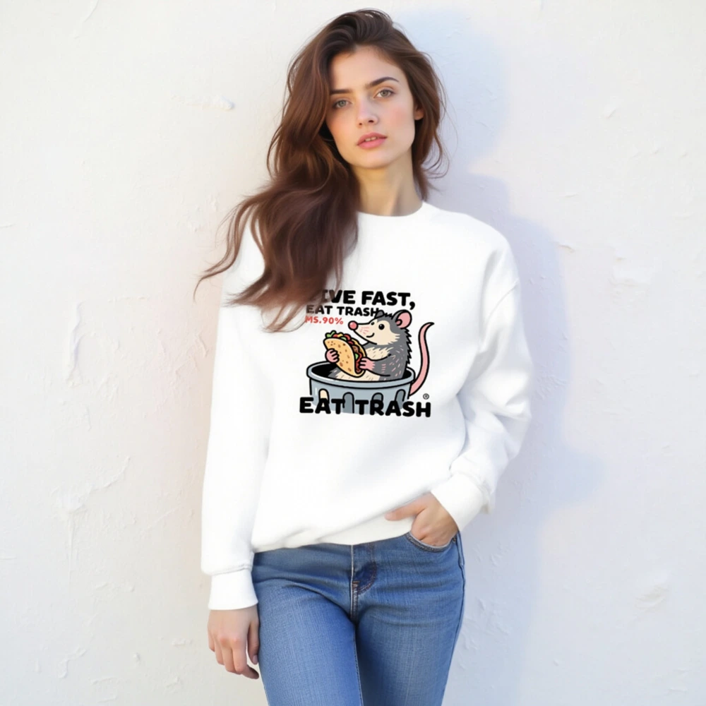 Unisex Crew Neck Sweatshirt | Live Fast, Eat Trash - Opossum Taco Design - Image 4