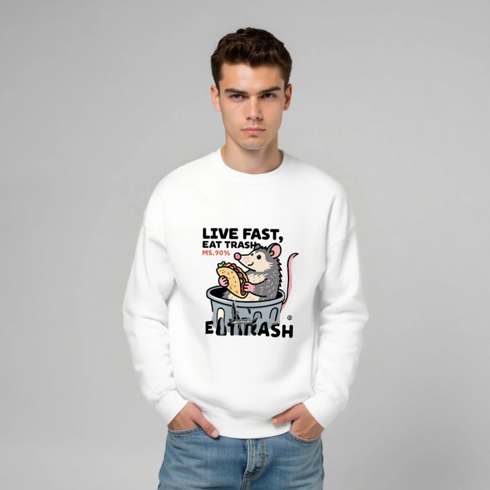 Unisex Crew Neck Sweatshirt | Live Fast, Eat Trash - Opossum Taco Design - Image 6