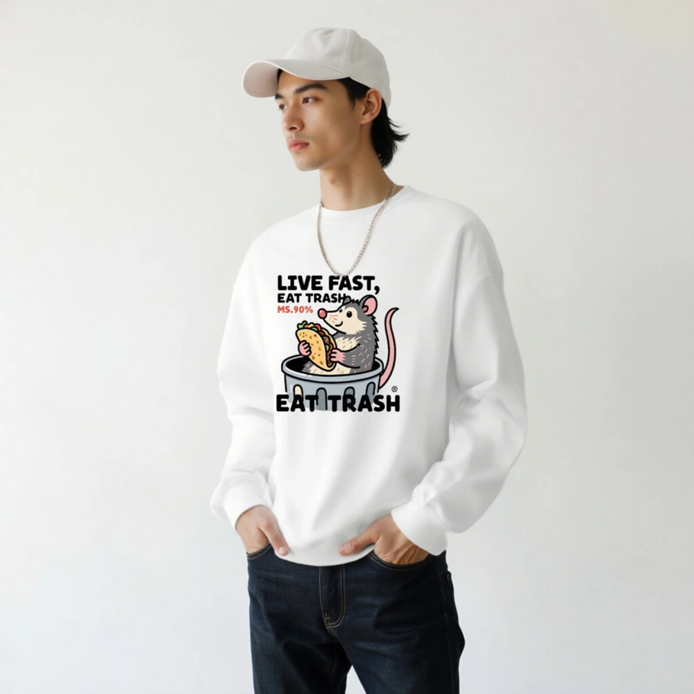 Unisex Crew Neck Sweatshirt | Live Fast, Eat Trash - Opossum Taco Design - Image 7