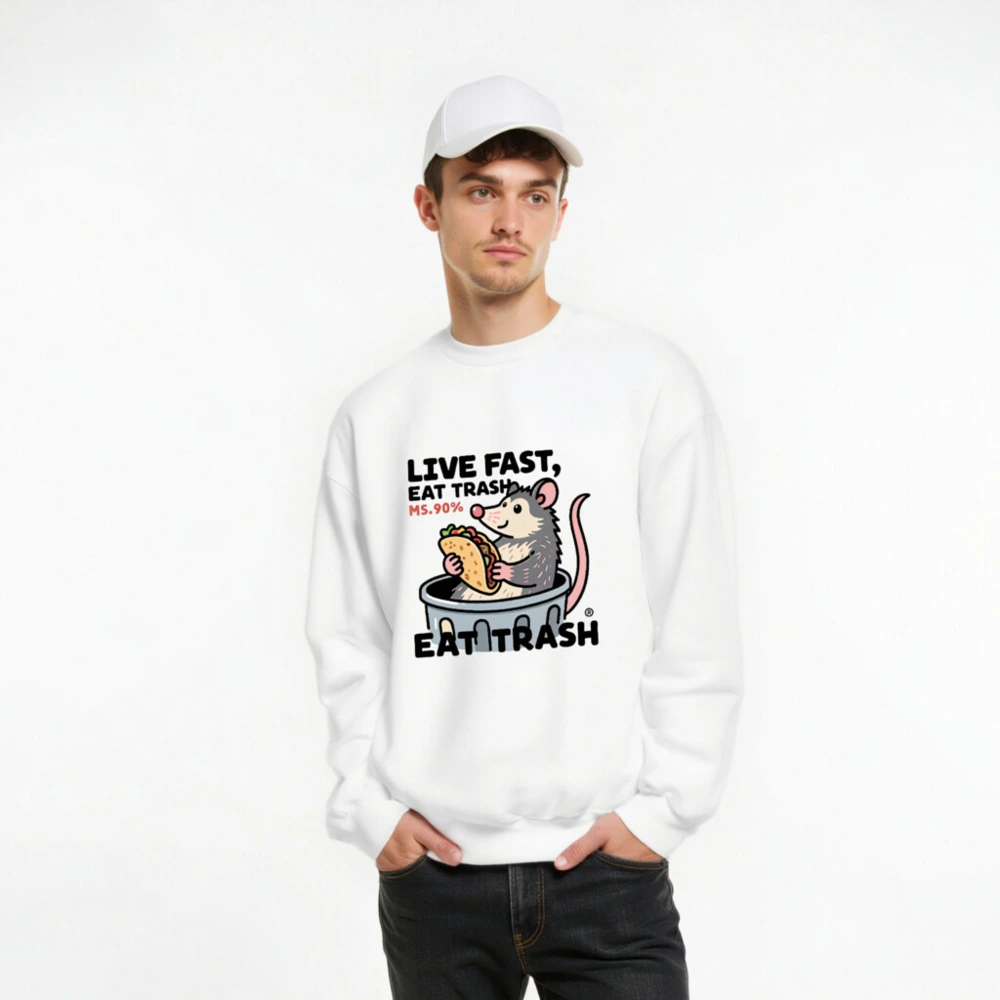 Unisex Crew Neck Sweatshirt | Live Fast, Eat Trash - Opossum Taco Design - Image 8
