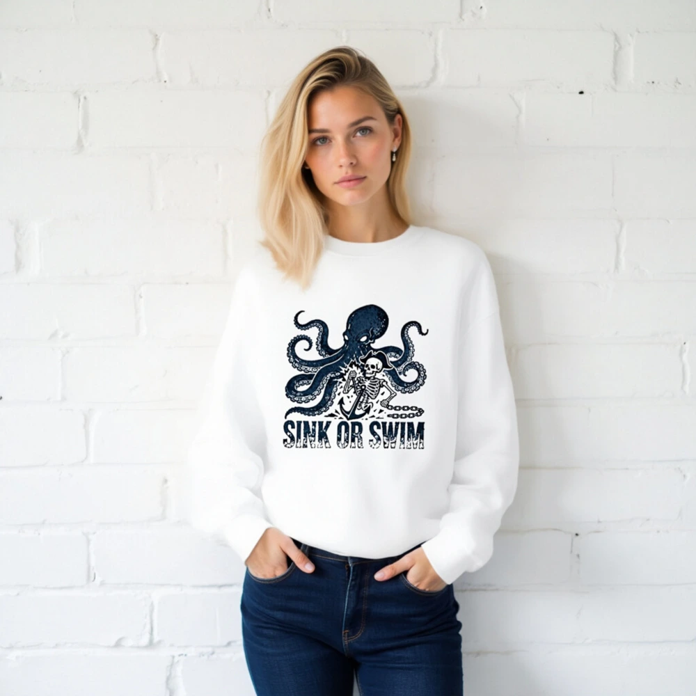 Unisex Crew Neck Sweatshirt - Octopus & Skeleton 'Sink or Swim' Pirate Design - Image 2