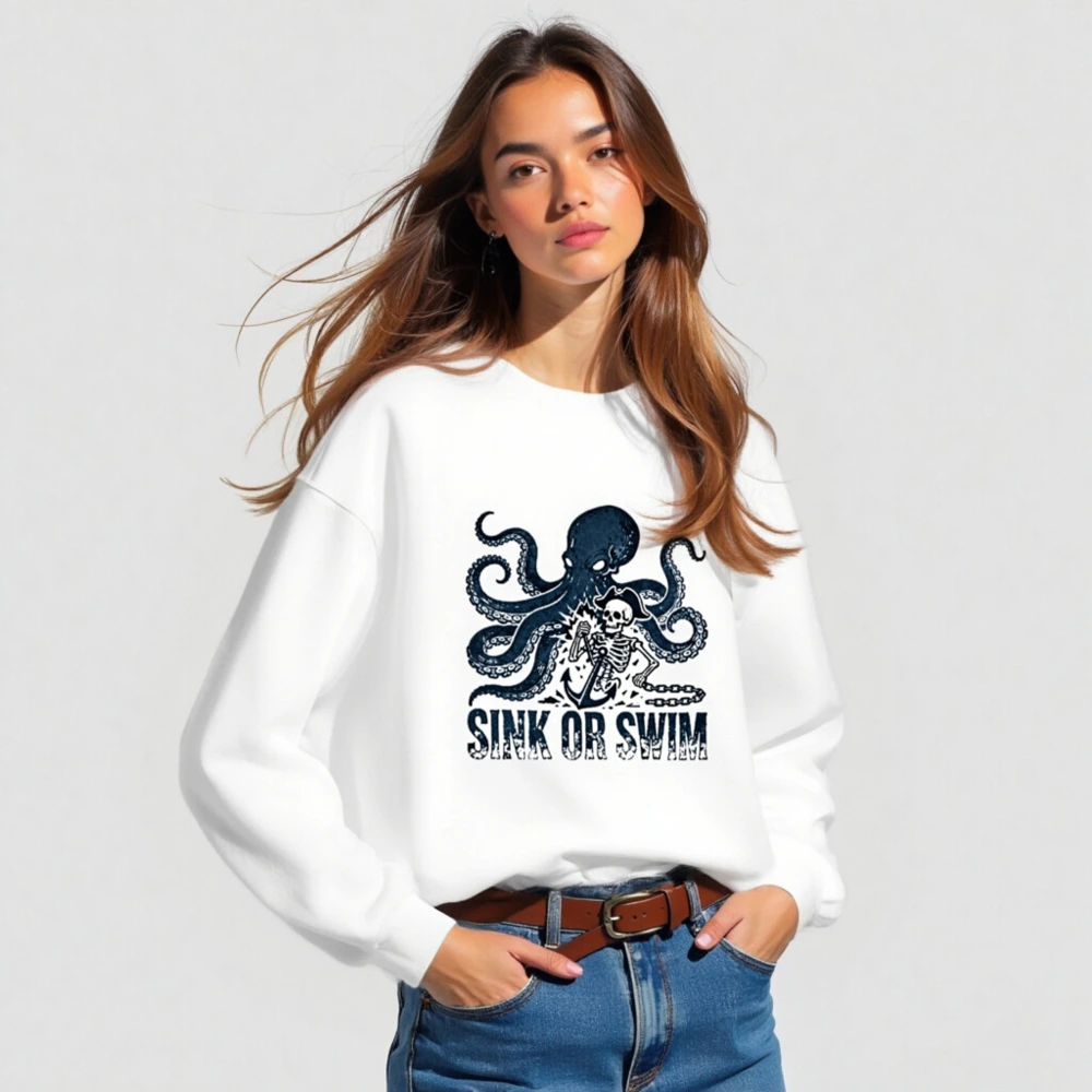 Unisex Crew Neck Sweatshirt - Octopus & Skeleton 'Sink or Swim' Pirate Design - Image 3