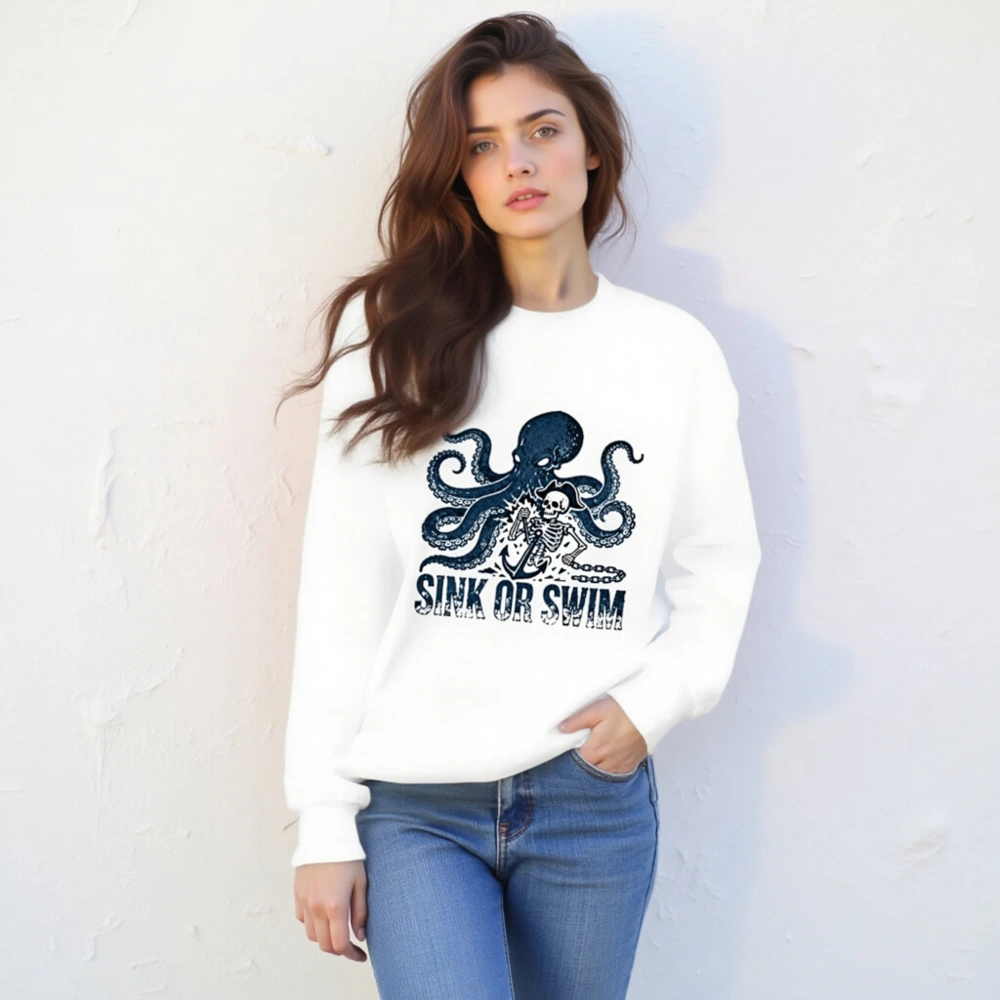 Unisex Crew Neck Sweatshirt - Octopus & Skeleton 'Sink or Swim' Pirate Design - Image 4