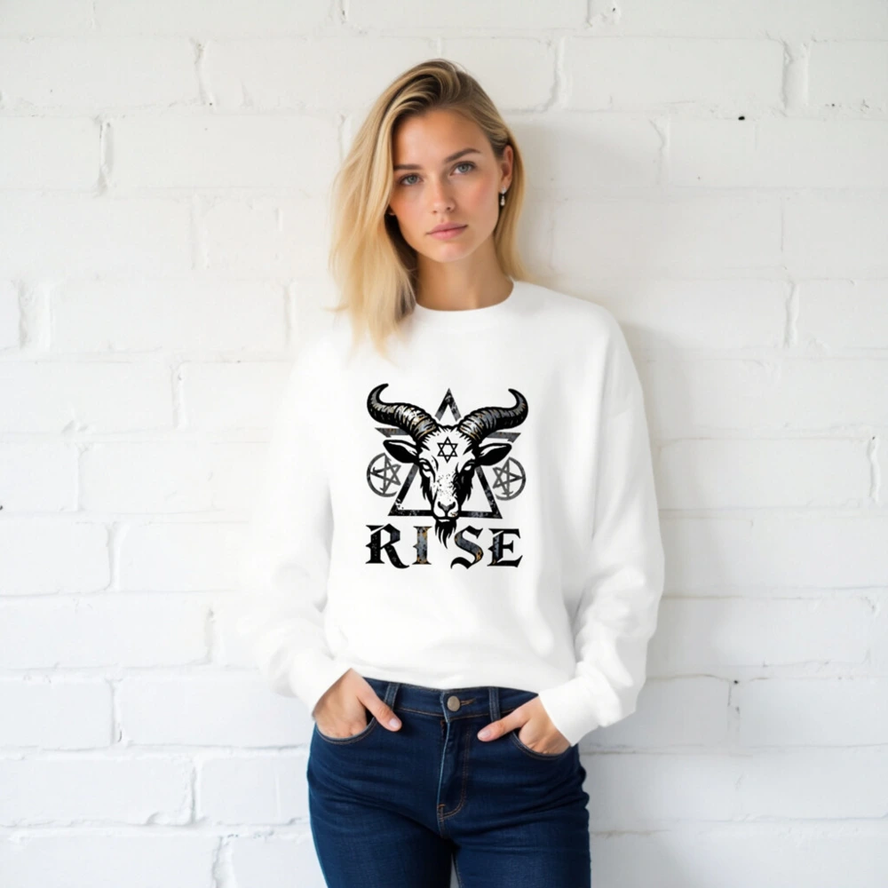 Unisex Goat Head Sweatshirt - 'RISE' Pentagram & Hexagram Design, Crew Neck, Black & White - Image 2