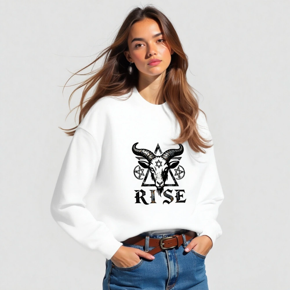 Unisex Goat Head Sweatshirt - 'RISE' Pentagram & Hexagram Design, Crew Neck, Black & White - Image 3