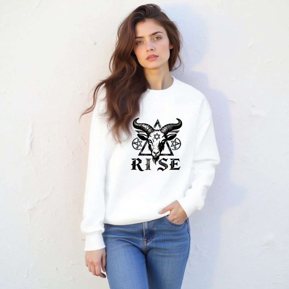 Unisex Goat Head Sweatshirt - 'RISE' Pentagram & Hexagram Design, Crew Neck, Black & White - Image 4
