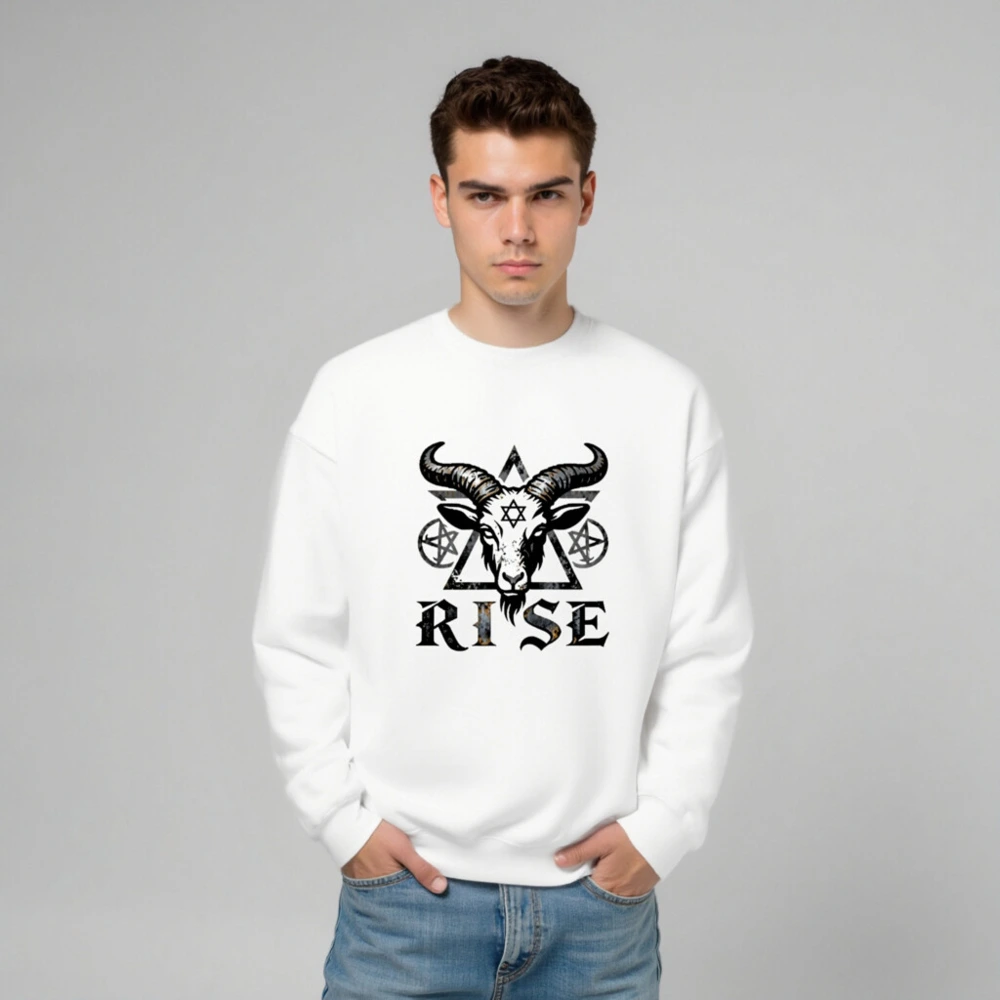 Unisex Goat Head Sweatshirt - 'RISE' Pentagram & Hexagram Design, Crew Neck, Black & White - Image 6