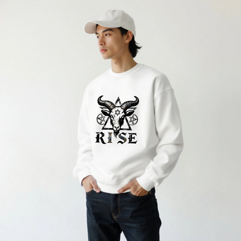 Unisex Goat Head Sweatshirt - 'RISE' Pentagram & Hexagram Design, Crew Neck, Black & White - Image 7