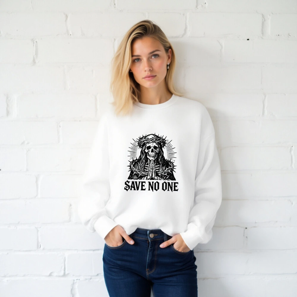 Unisex Crew Neck Sweatshirt - Skull with Crown of Thorns, 'Save No One' Gothic Design - Image 2