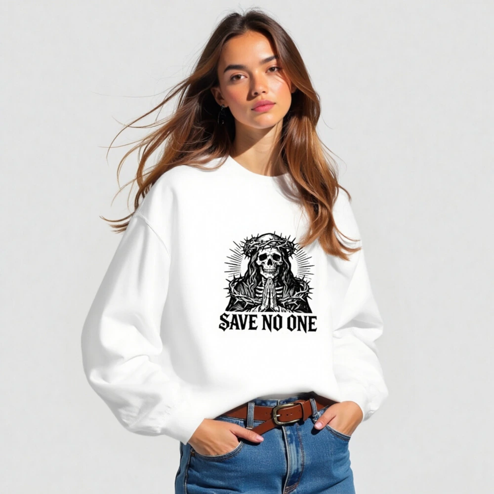 Unisex Crew Neck Sweatshirt - Skull with Crown of Thorns, 'Save No One' Gothic Design - Image 3