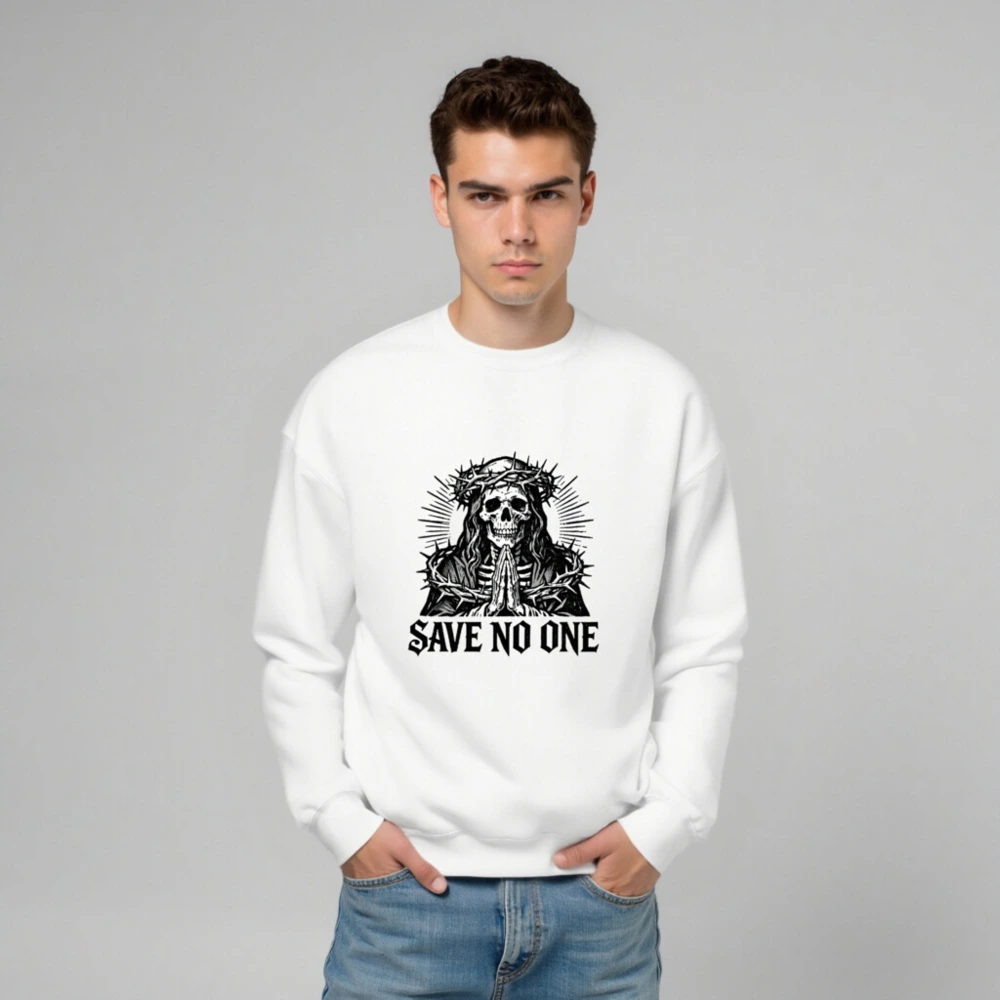 Unisex Crew Neck Sweatshirt - Skull with Crown of Thorns, 'Save No One' Gothic Design - Image 6