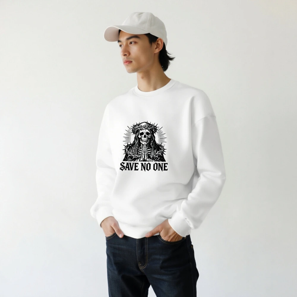Unisex Crew Neck Sweatshirt - Skull with Crown of Thorns, 'Save No One' Gothic Design - Image 7