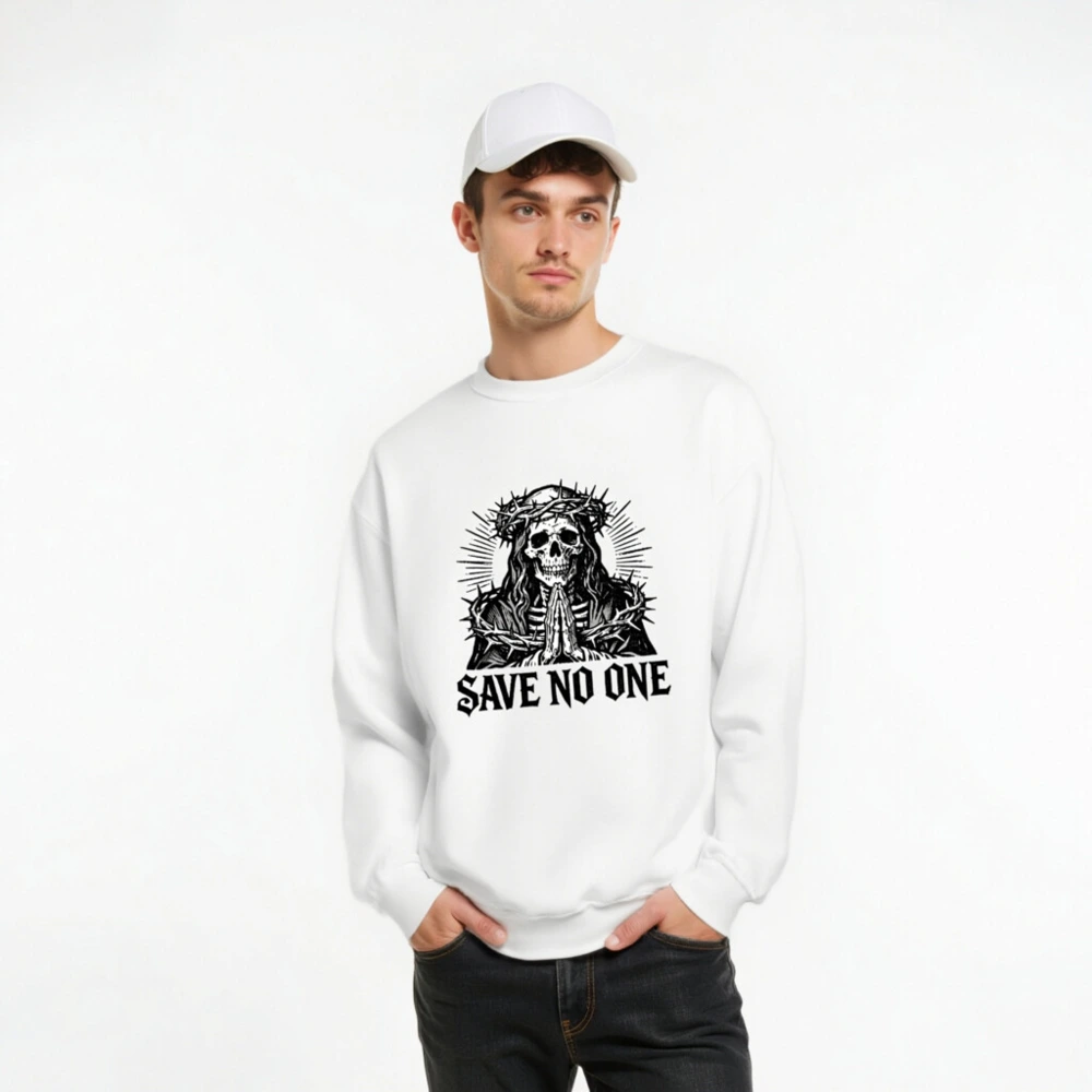 Unisex Crew Neck Sweatshirt - Skull with Crown of Thorns, 'Save No One' Gothic Design - Image 8