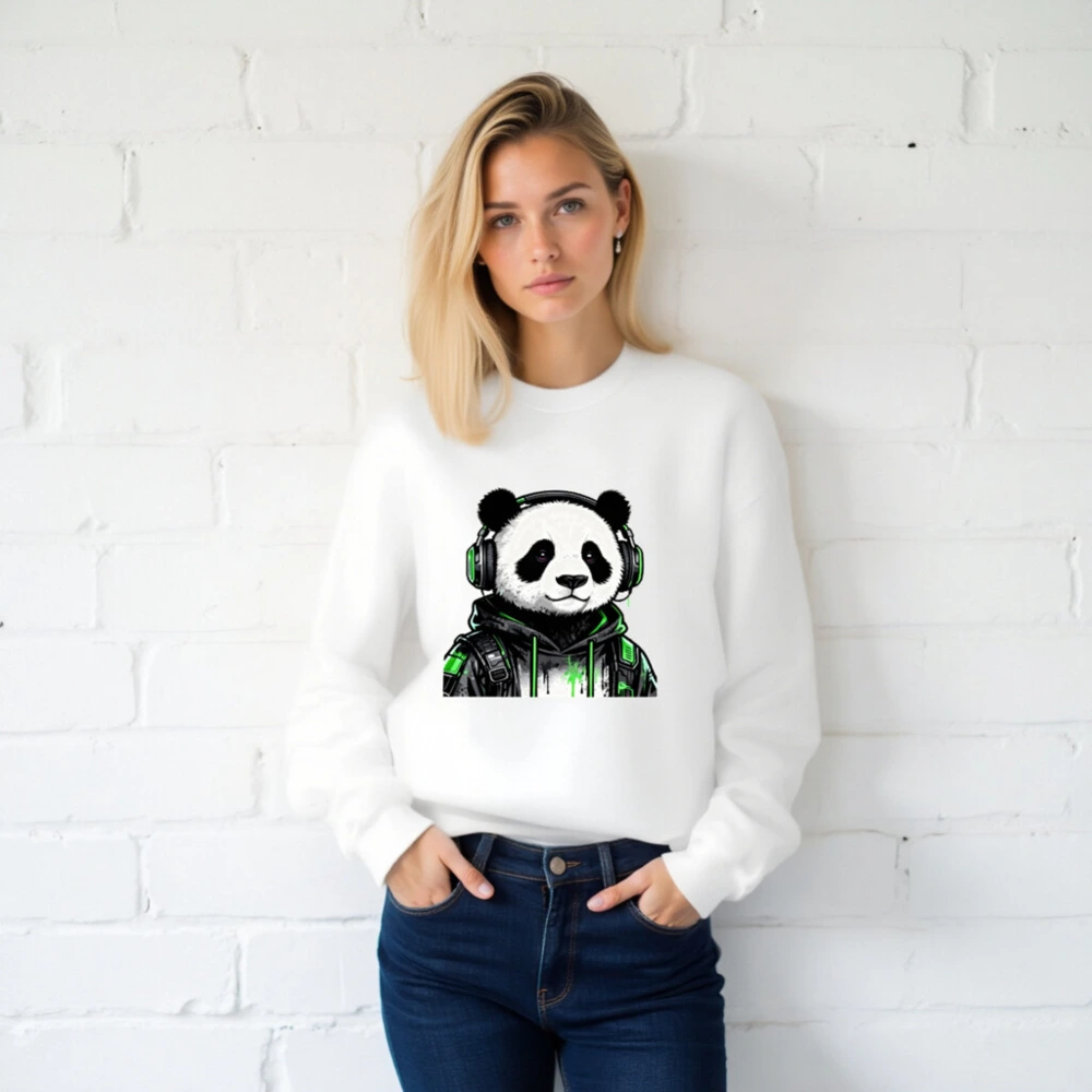 Unisex Panda Gamer Sweatshirt - Green Headphones Hoodie, Crew Neck - Image 2