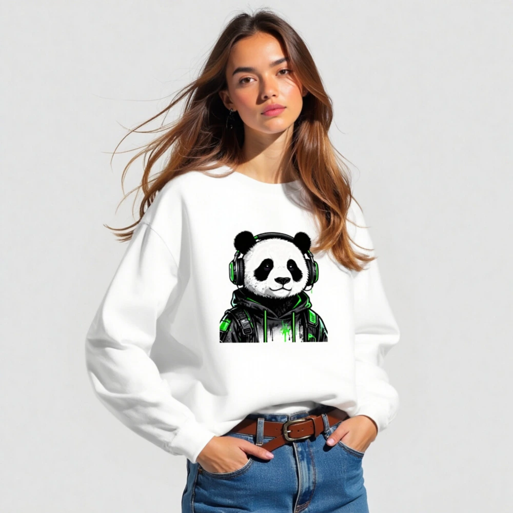 Unisex Panda Gamer Sweatshirt - Green Headphones Hoodie, Crew Neck - Image 3
