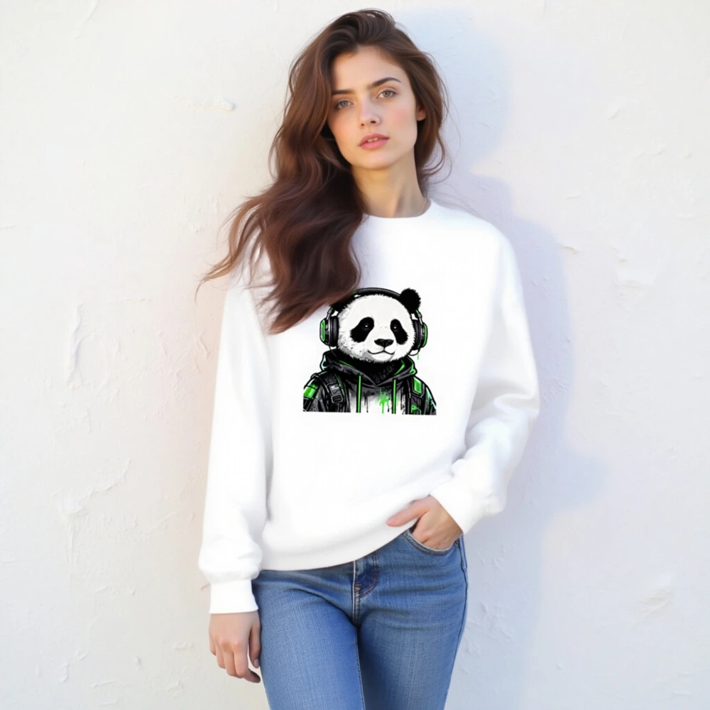 Unisex Panda Gamer Sweatshirt - Green Headphones Hoodie, Crew Neck - Image 4