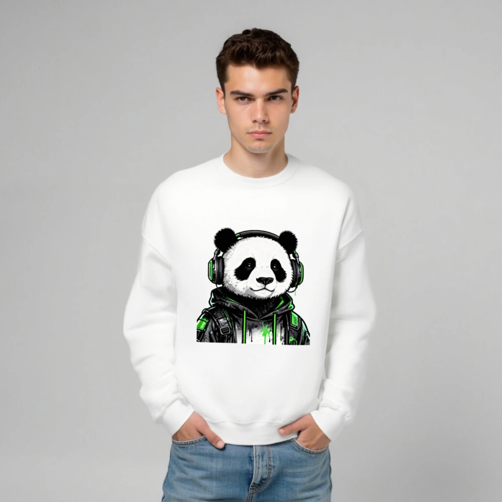 Unisex Panda Gamer Sweatshirt - Green Headphones Hoodie, Crew Neck - Image 6