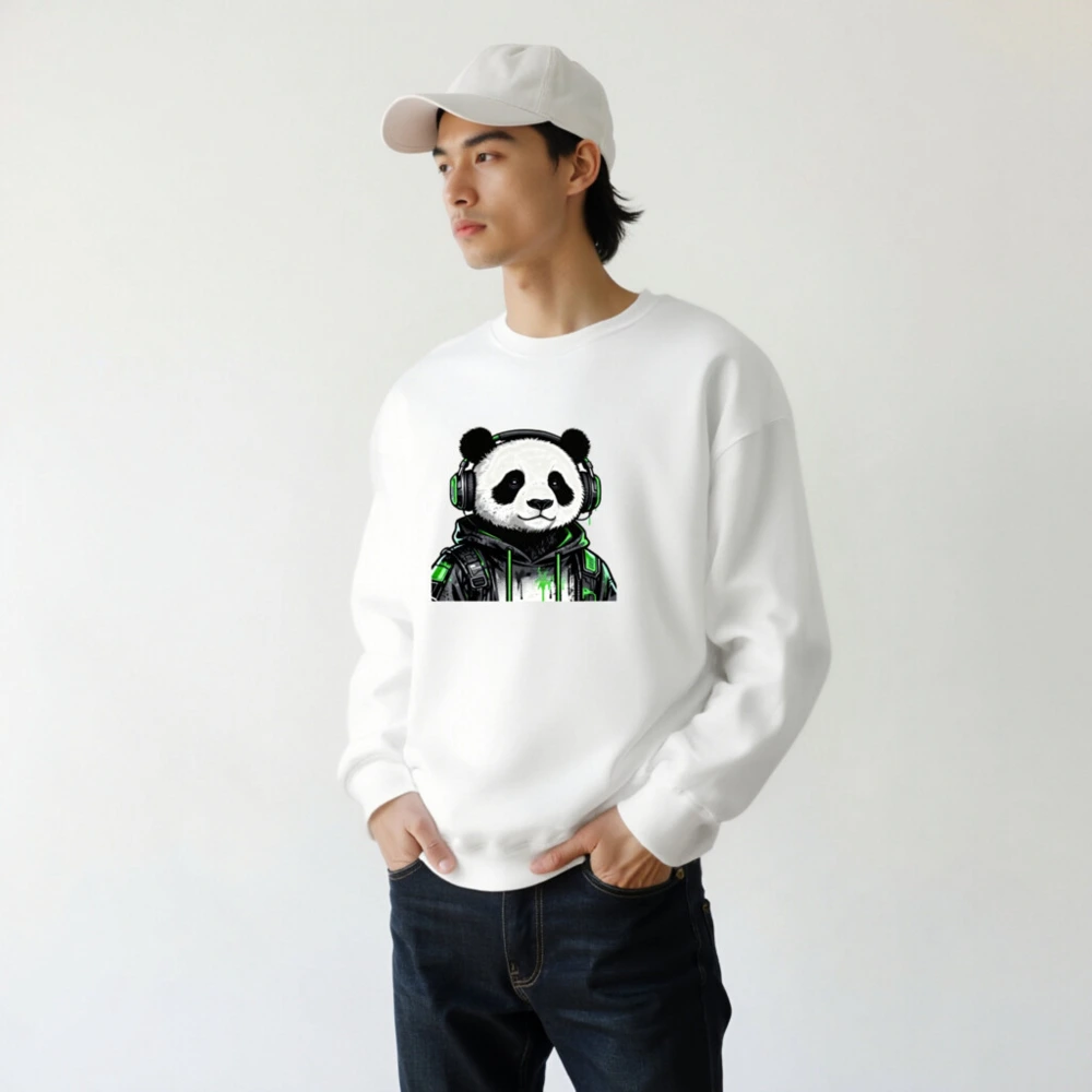 Unisex Panda Gamer Sweatshirt - Green Headphones Hoodie, Crew Neck - Image 7
