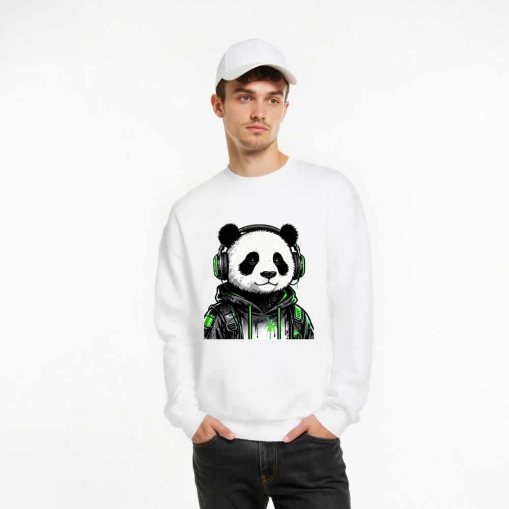 Unisex Panda Gamer Sweatshirt - Green Headphones Hoodie, Crew Neck - Image 8