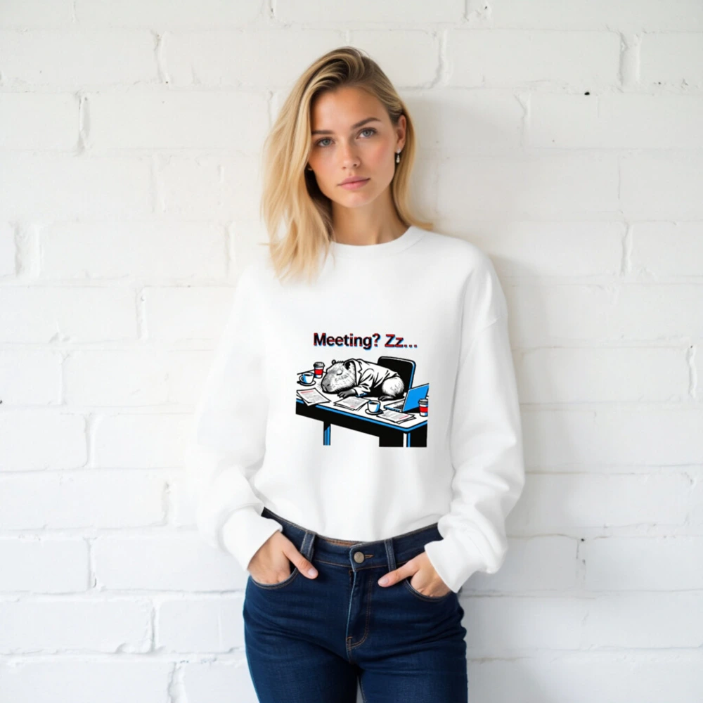 Unisex Crew Neck Sweatshirt: Meeting? Zz... Capybara Office Sleep Slogan Tee - Image 2