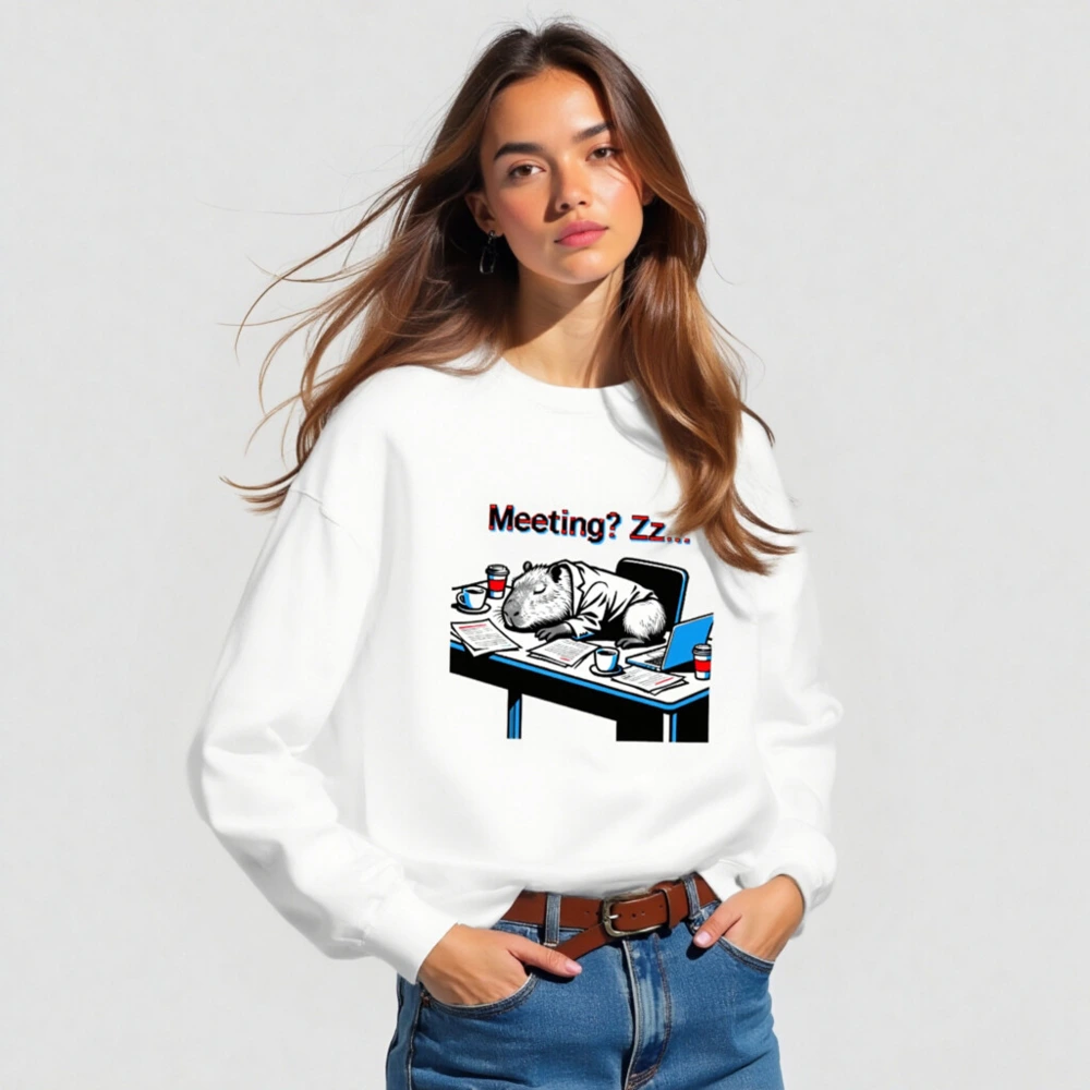 Unisex Crew Neck Sweatshirt: Meeting? Zz... Capybara Office Sleep Slogan Tee - Image 3