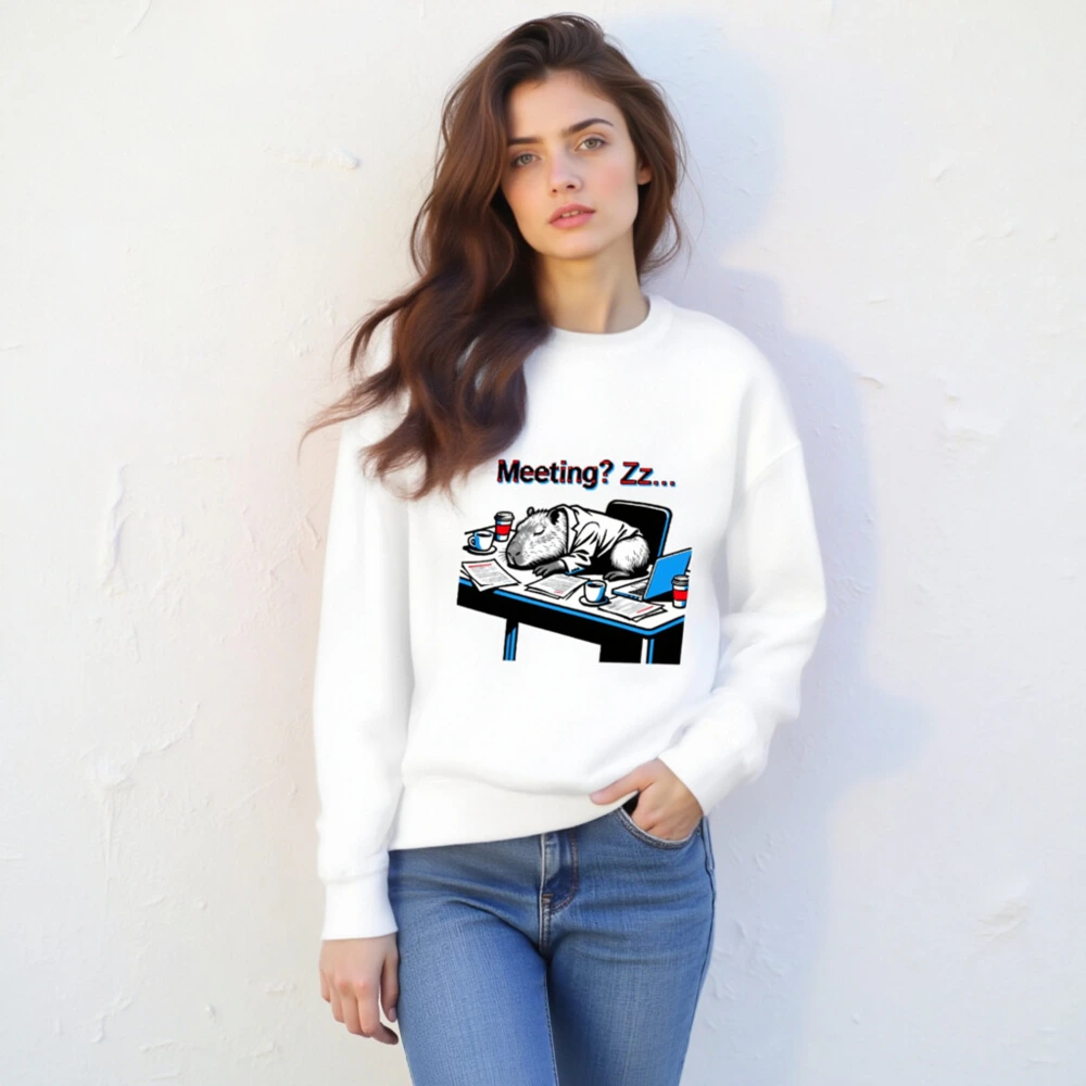 Unisex Crew Neck Sweatshirt: Meeting? Zz... Capybara Office Sleep Slogan Tee - Image 4