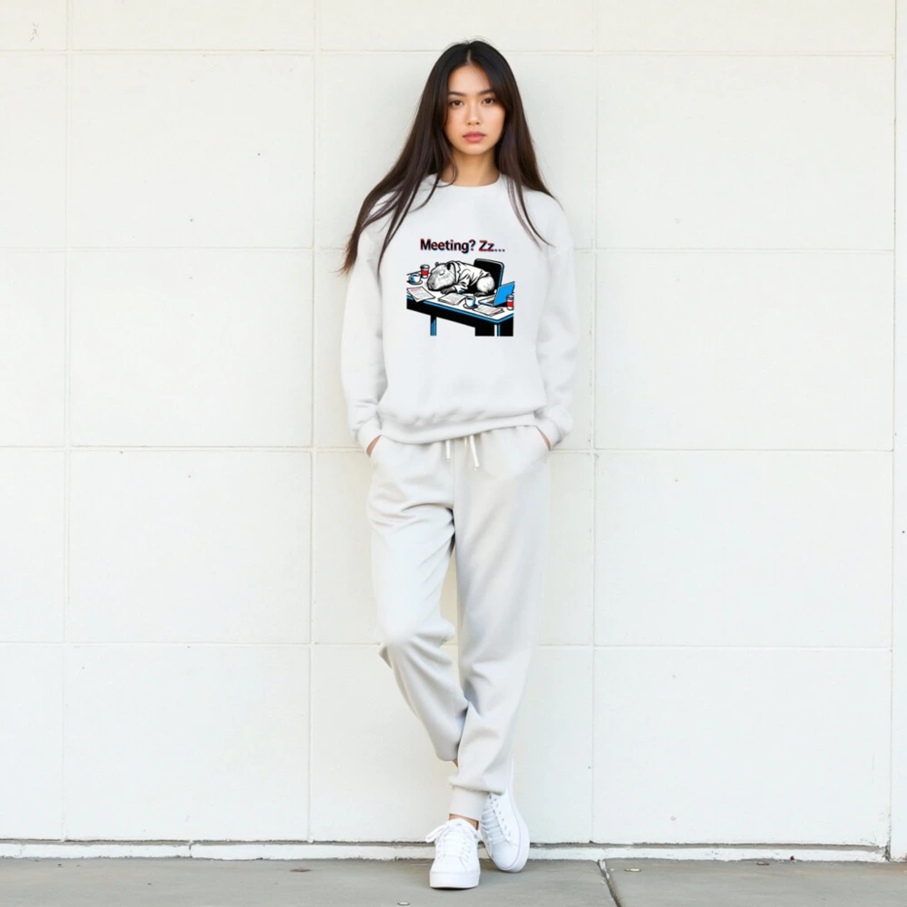 Unisex Crew Neck Sweatshirt: Meeting? Zz... Capybara Office Sleep Slogan Tee - Image 5
