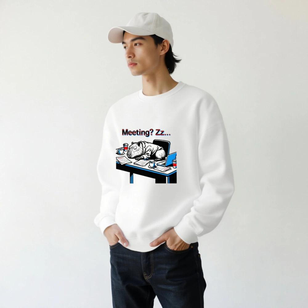 Unisex Crew Neck Sweatshirt: Meeting? Zz... Capybara Office Sleep Slogan Tee - Image 6