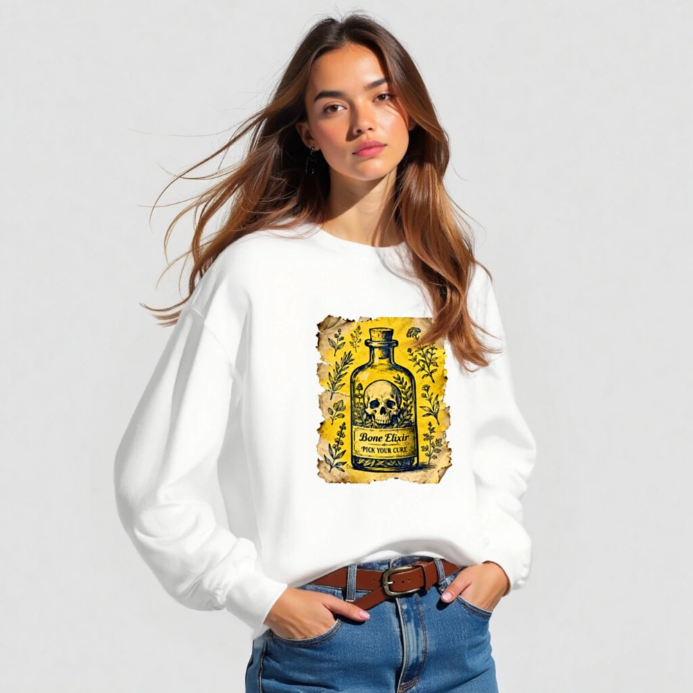 Bone Elixir Unisex Sweatshirt | Vintage Apothecary Skull & Herbs Design - Image 3