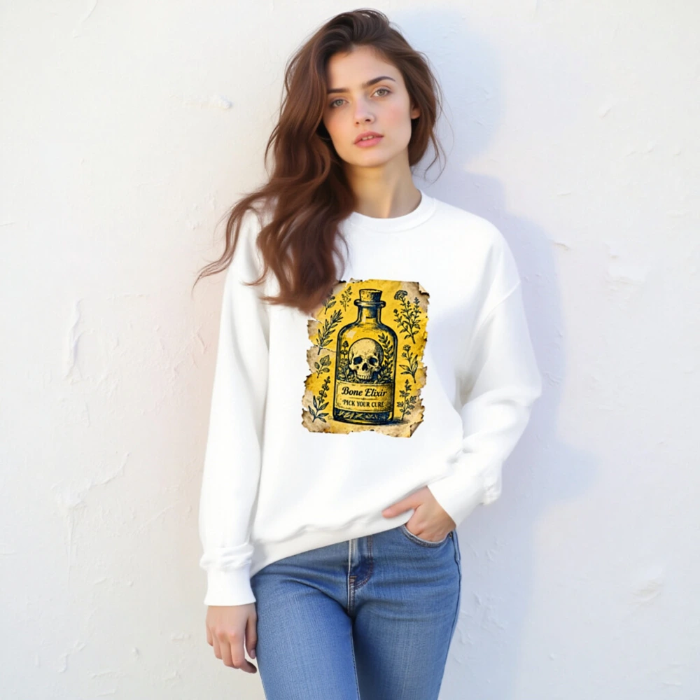 Bone Elixir Unisex Sweatshirt | Vintage Apothecary Skull & Herbs Design - Image 4
