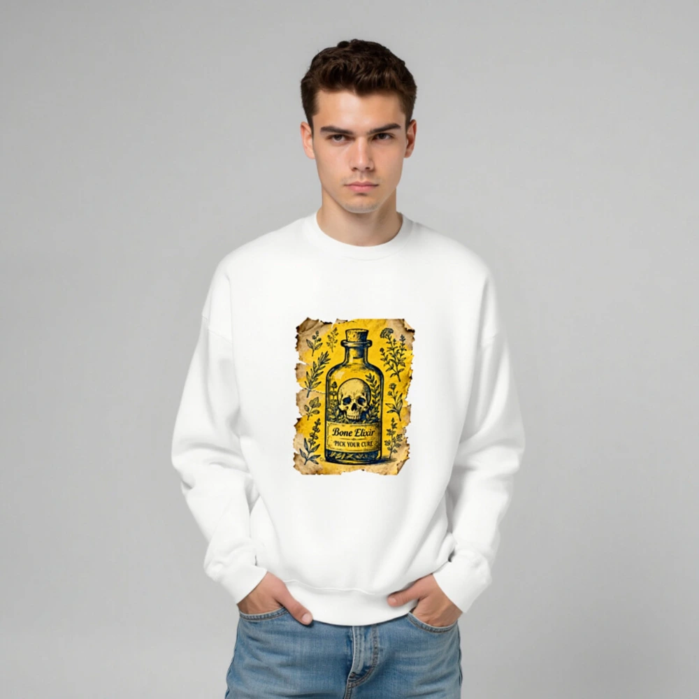 Bone Elixir Unisex Sweatshirt | Vintage Apothecary Skull & Herbs Design - Image 6
